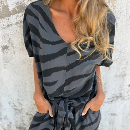 ✨¿Qué me pongo mañana?✨ Conjunto de dos piezas de top y pantalón con estampado de cebra y cuello en V para mujer