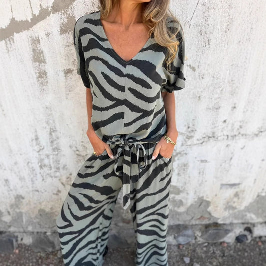 ✨¿Qué me pongo mañana?✨ Conjunto de dos piezas de top y pantalón con estampado de cebra y cuello en V para mujer