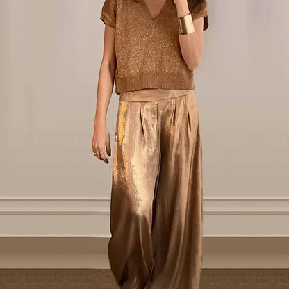 🔥Cárdigan brillante y pantalón ancho para mujer en conjunto de 2.
