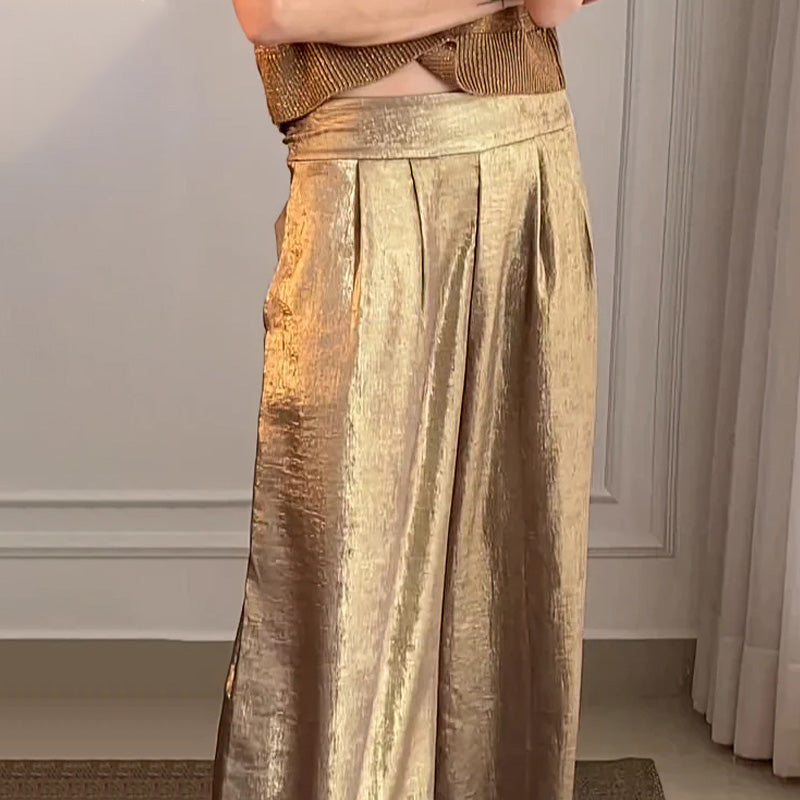 🔥Cárdigan brillante y pantalón ancho para mujer en conjunto de 2.