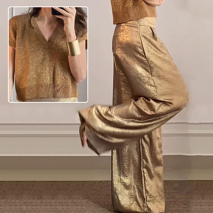 🔥Cárdigan brillante y pantalón ancho para mujer en conjunto de 2.