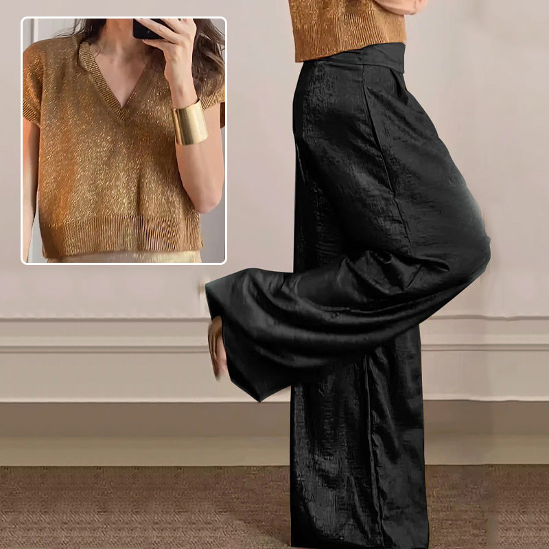 🔥Cárdigan brillante y pantalón ancho para mujer en conjunto de 2.