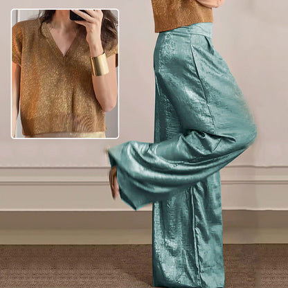🔥Cárdigan brillante y pantalón ancho para mujer en conjunto de 2.