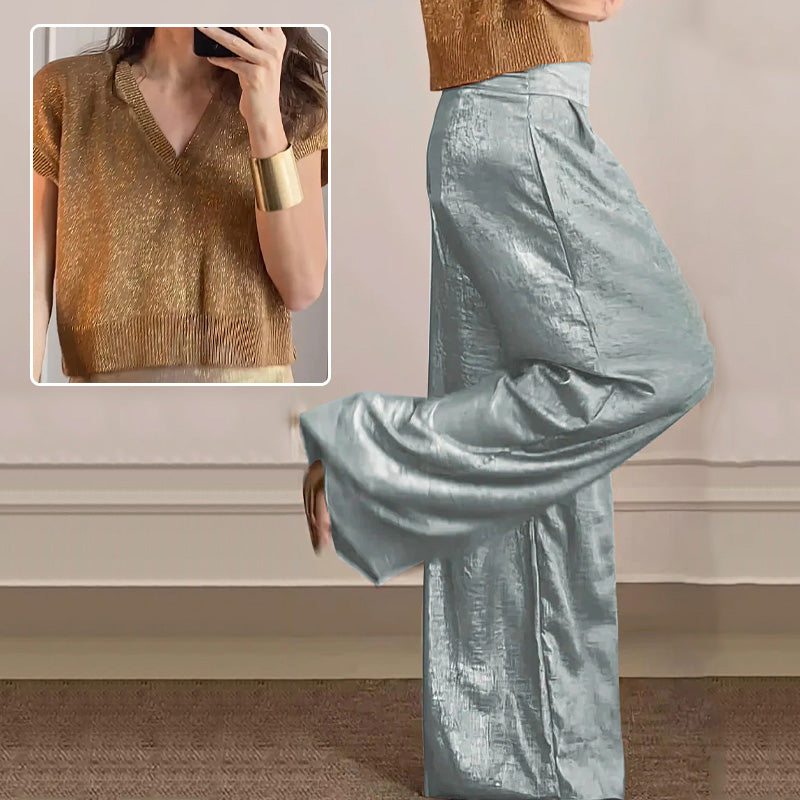 🔥Cárdigan brillante y pantalón ancho para mujer en conjunto de 2.