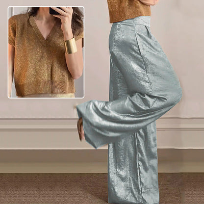 🔥Cárdigan brillante y pantalón ancho para mujer en conjunto de 2.