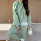 🌸Frühling Heiße Neuankömmlinge✨🩷Lässiger Sweatshirt-Anzug mit Kapuze und Patchwork für Damen