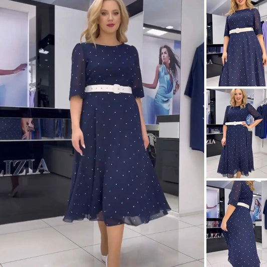 🌸Ofertas de primavera🌸 Vestido con cuello redondo, cinturón y mangas hasta la mitad.