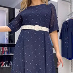 🌸Frühlingsangebote🌸 Kleid mit Rundhalsausschnitt, Gürtel und halblangen Ärmeln