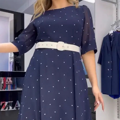 🌸Ofertas de primavera🌸 Vestido con cuello redondo, cinturón y mangas hasta la mitad.