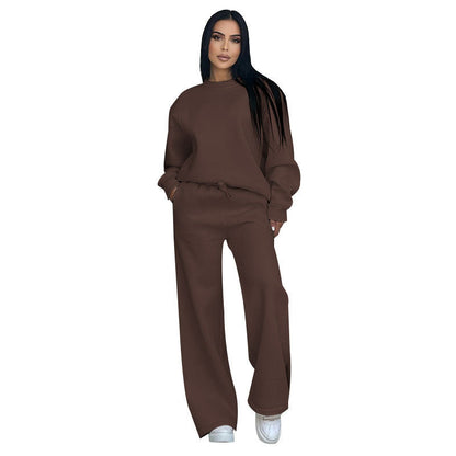 Conjunto de dos partes de moda hecha de top solo con un solo color, suelto y manga larga con un escote circular y pantalones