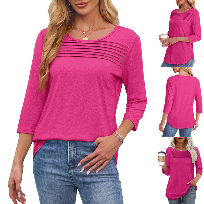 💕Kaufen Sie zwei Stücke mit 5% Rabatt👚Damen T-Shirt mit Faltendetails und 3/4-Ärmeln im lässigen Stil🌞
