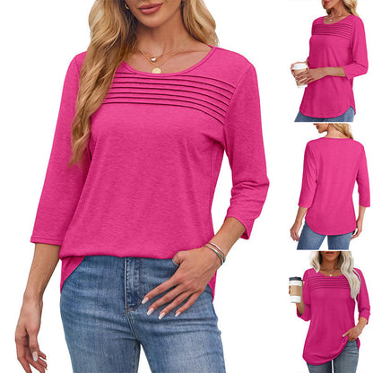💕Kaufen Sie zwei Stücke mit 5% Rabatt👚Damen T-Shirt mit Faltendetails und 3/4-Ärmeln im lässigen Stil🌞