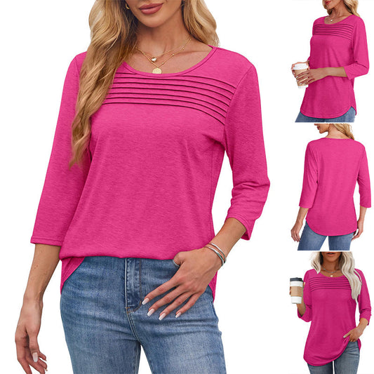 💕Compra dos piezas con 5% de descuento👚Camiseta de mujer con detalles plisados y mangas 3/4 de estilo casual🌞