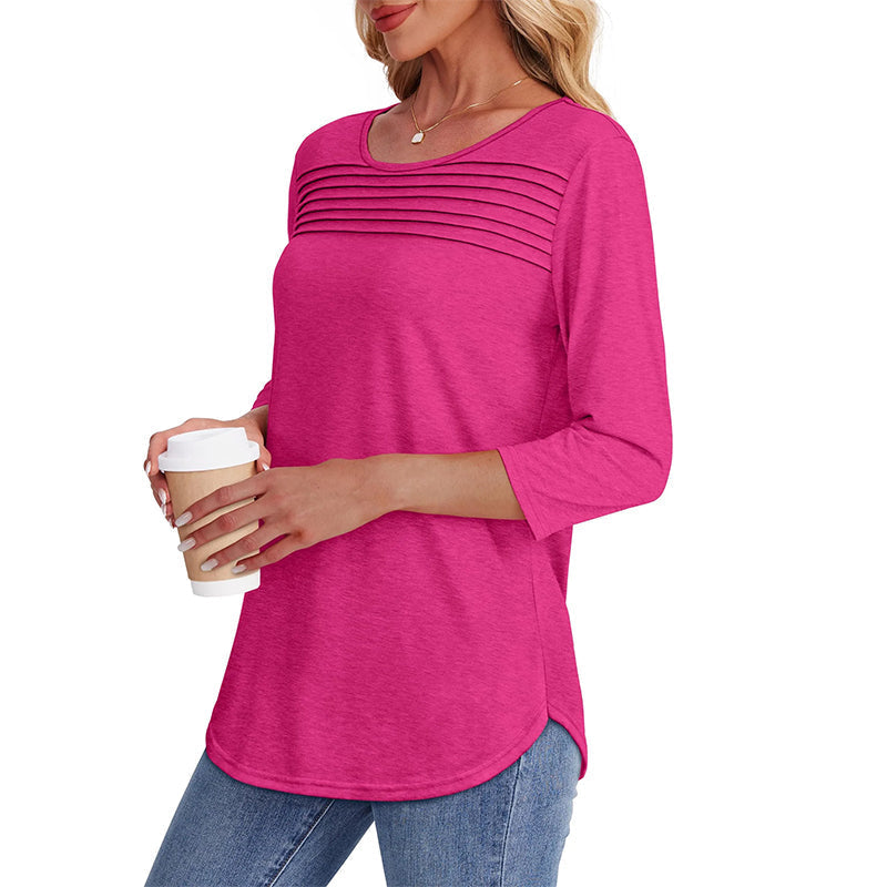 💕Kaufen Sie zwei Stücke mit 5% Rabatt👚Damen T-Shirt mit Faltendetails und 3/4-Ärmeln im lässigen Stil🌞