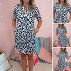 Lässiges, kurzärmliges, bedrucktes Kleid mit V-Ausschnitt für Damen