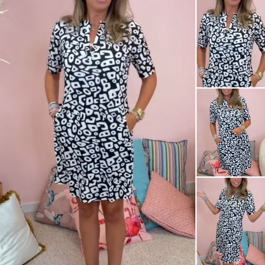 Vestido casual, de manga corta e impresa con un cuello en V para mujeres