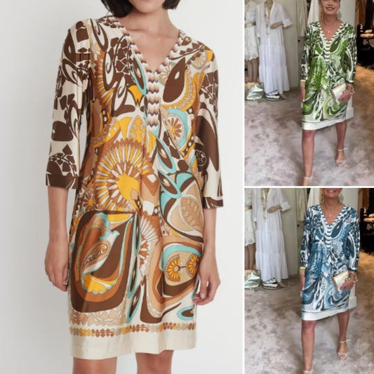 Elegante vestido de manga 3/4 con cuello en V para mujeres