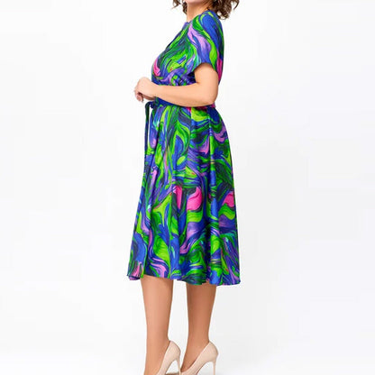 🌸Ofertas de primavera💐👗Vestido midi ajustado, estampado y de manga corta para mujer