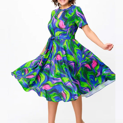 🌸Ofertas de primavera💐👗Vestido midi ajustado, estampado y de manga corta para mujer