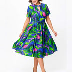 🌸Frühjahrsangebote💐👗Damen kurzärmeliges, tailliertes, bedrucktes Midikleid