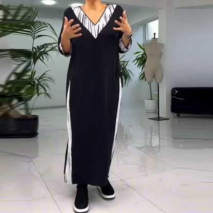 Vestido hasta el tobillo con cuello en V y color de contraste para mujeres