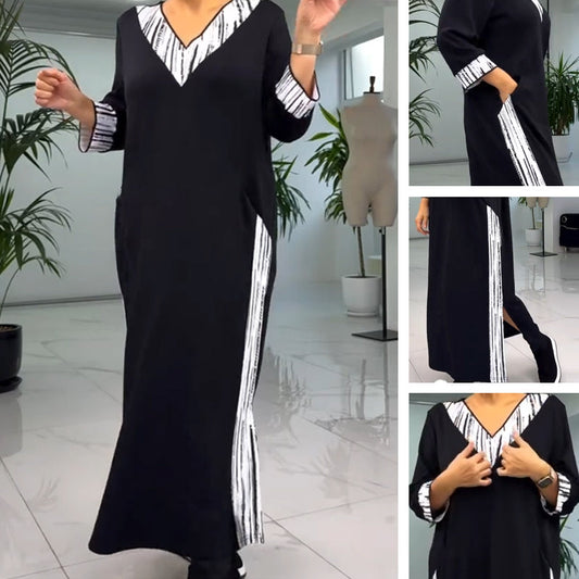 Vestido hasta el tobillo con cuello en V y color de contraste para mujeres