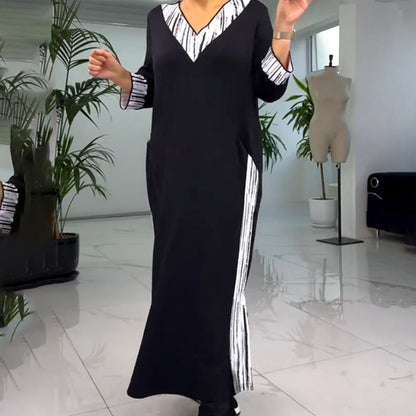 Vestido hasta el tobillo con cuello en V y color de contraste para mujeres