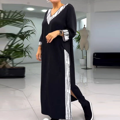 Vestido hasta el tobillo con cuello en V y color de contraste para mujeres