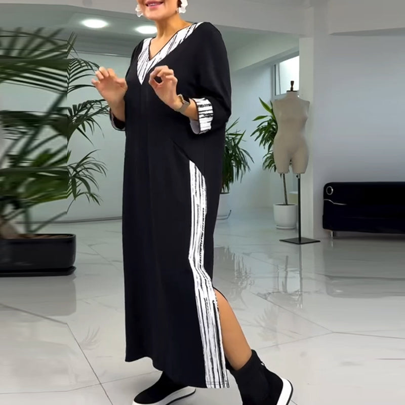 Knöchellanges Kleid mit V-Ausschnitt und Kontrastfarbe für Damen