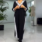 Knöchellanges Kleid mit V-Ausschnitt und Kontrastfarbe für Damen