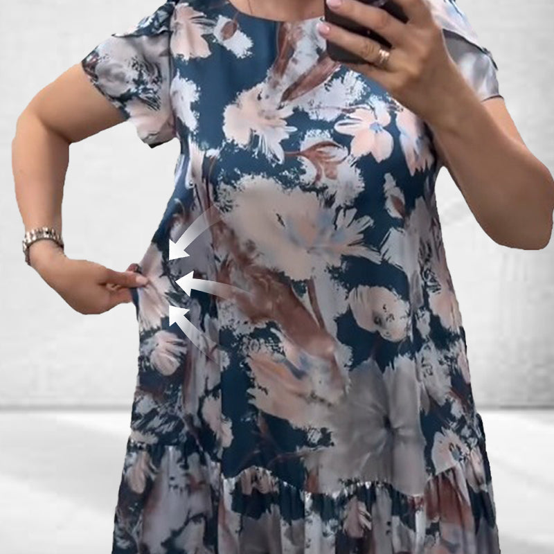 Vestido corta de escote circular suelto con patrón de flores