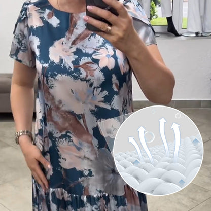 Vestido corta de escote circular suelto con patrón de flores