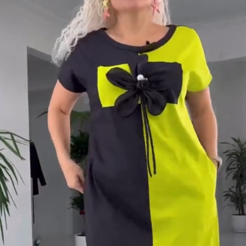 Vestido casual de mosaico negro y verde para mujeres
