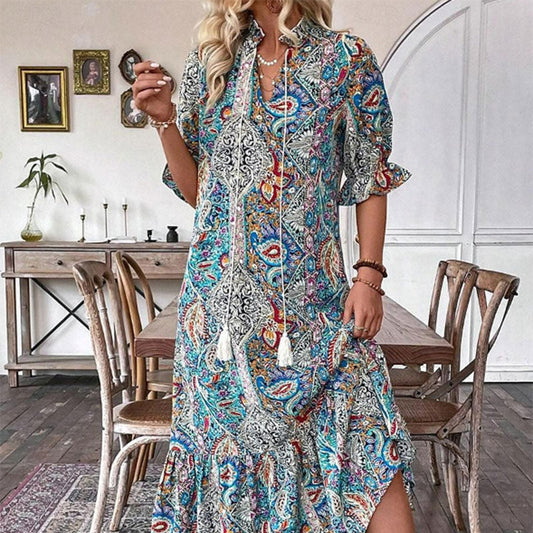 Vestido de verano para mujeres con escote túnica y patrón de flores