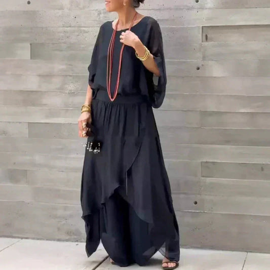 🌹Rebajas de primavera 50% de descuento🌹Conjunto de gasa de 2 piezas con top holgado y pantalón con abertura ancha