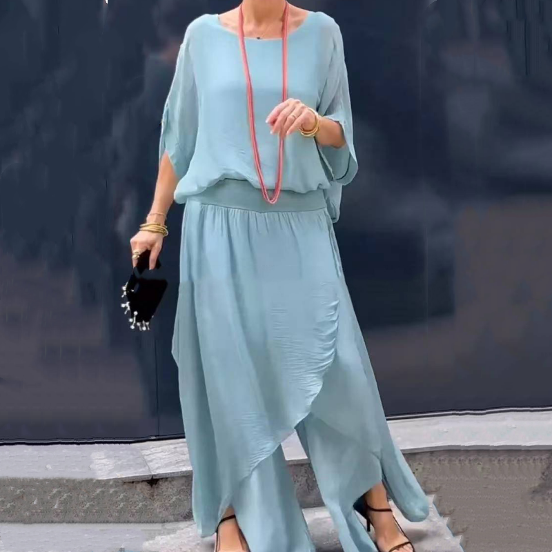 🌹Frühjahrsverkauf 50% RABATT🌹2-teiliges Set aus Chiffon mit lockerem Oberteil und weiten Schlitzhosen