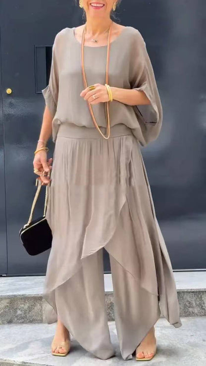 🌹Rebajas de primavera 50% de descuento🌹Conjunto de gasa de 2 piezas con top holgado y pantalón con abertura ancha