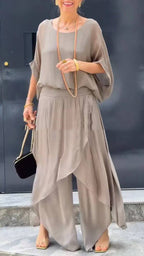 🌹Frühjahrsverkauf 50% RABATT🌹2-teiliges Set aus Chiffon mit lockerem Oberteil und weiten Schlitzhosen