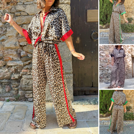 Patrón de dos partes de mujeres con leopardo: blusa de camisa con un tapete y pantalones con pierna ancha