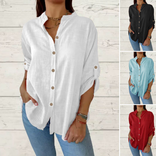 Camisa de manga larga para mujeres hecha de lino de algodón con un escrito en V