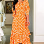 Trendiges, orange bedrucktes Kleid mit 3/4-Ärmeln für Damen