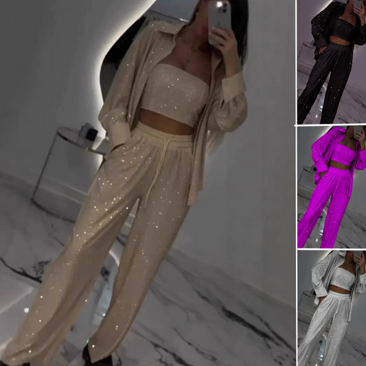 Set de lentejuelas de tres partes para mujeres: blazer y pantalones con una pierna ancha