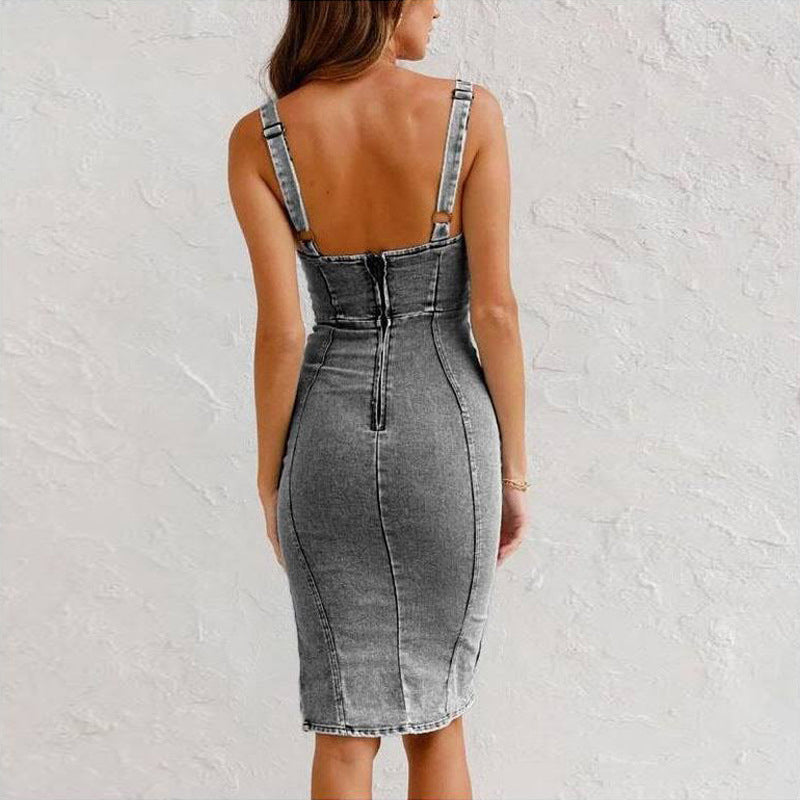 🌷Frühling Vorverkauf 49% Rabatt🍃Denim U-Ausschnitt Neckholder-Kleid mit Schlitz und verstellbaren Schulterträgern