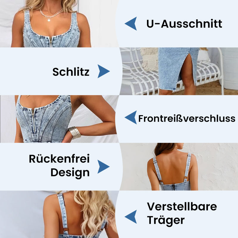 🌷Frühling Vorverkauf 49% Rabatt🍃Denim U-Ausschnitt Neckholder-Kleid mit Schlitz und verstellbaren Schulterträgern