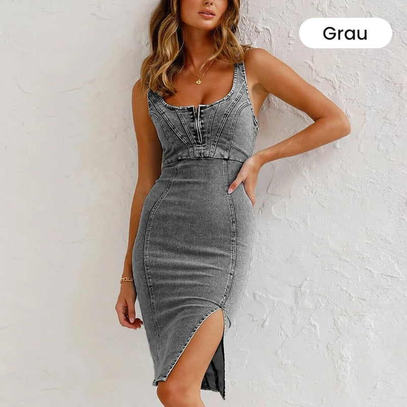 🌷Frühling Vorverkauf 49% Rabatt🍃Denim U-Ausschnitt Neckholder-Kleid mit Schlitz und verstellbaren Schulterträgern