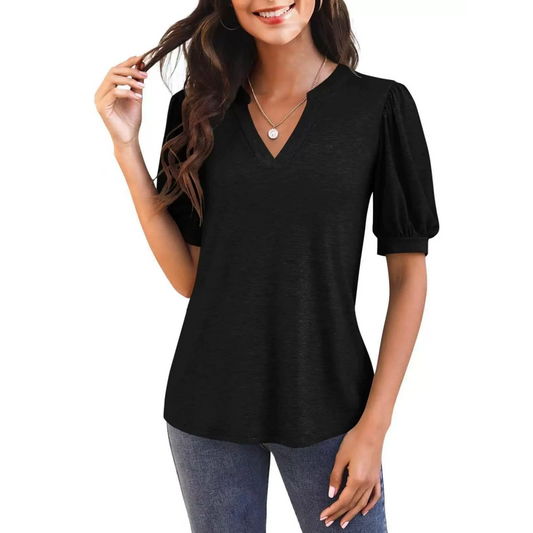 💥Especiales de verano👚Camiseta elegante informal de manga corta abullonada con cuello en V para mujer
