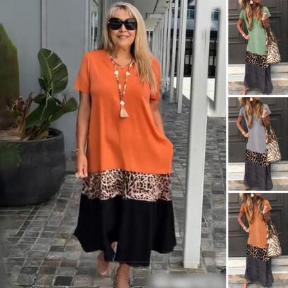 😍Vestido largo de manga corta para mujer con diseño de bloques de color.