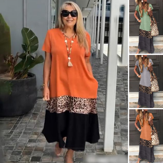 😍Vestido largo de manga corta para mujer con diseño de bloques de color.