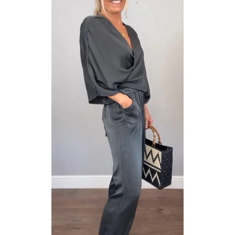 2-teiliges Wickel-Set aus Oberteil und Hose mit V-Ausschnitt für Damen💞💞