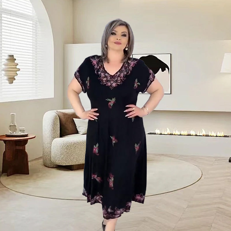 Vestido midi que fluye a la sección V de talla grande V